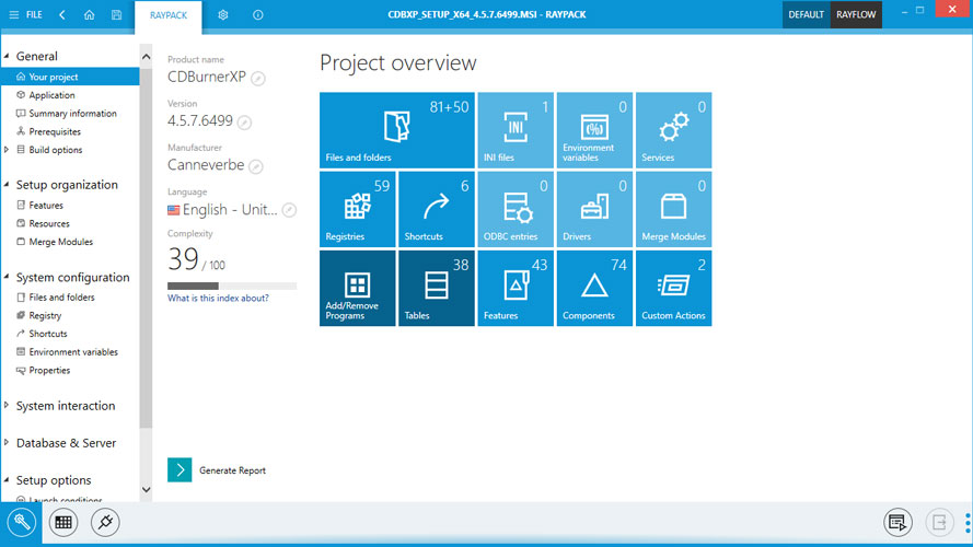 Screenshot of an alternative project view in Raypack Studio with advanced software packaging features