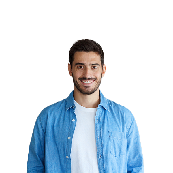 a man smiling with blue shirt in front of the camera