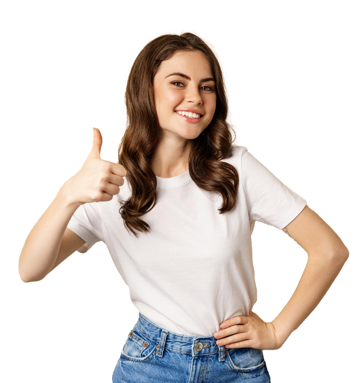 Portrait of a modern young woman showing thumbs-up, liking and agreeing, smiling contentedly, recommending a company or website, standing over a beige background