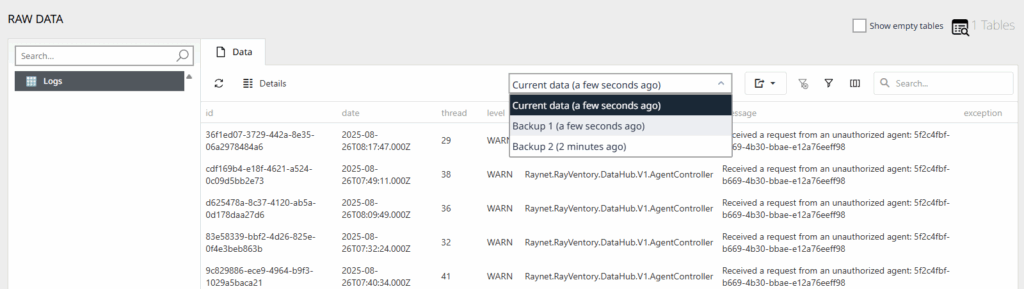 Raynet One Data Hub raw data