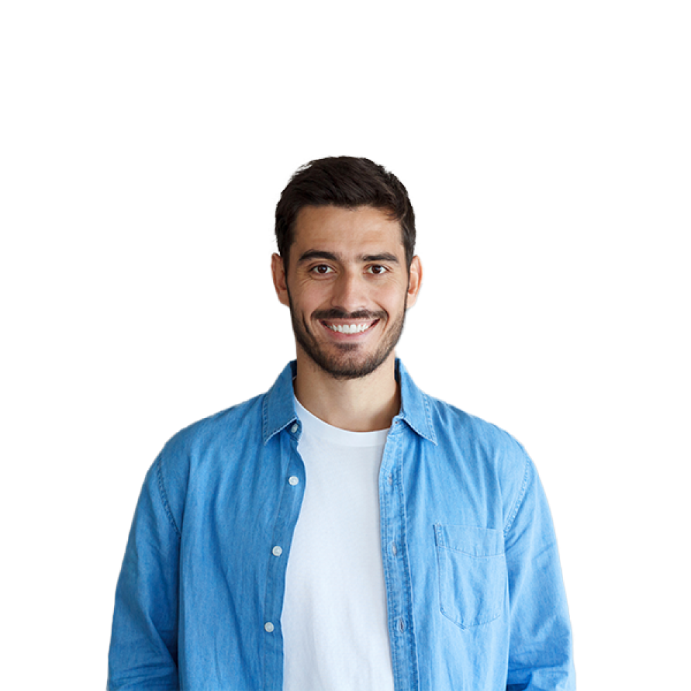 a man smiling with blue shirt in front of the camera